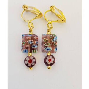 Clip on Earrings Eye Catching Purple Glass Flowers Millefiori 1 Inch Handmade